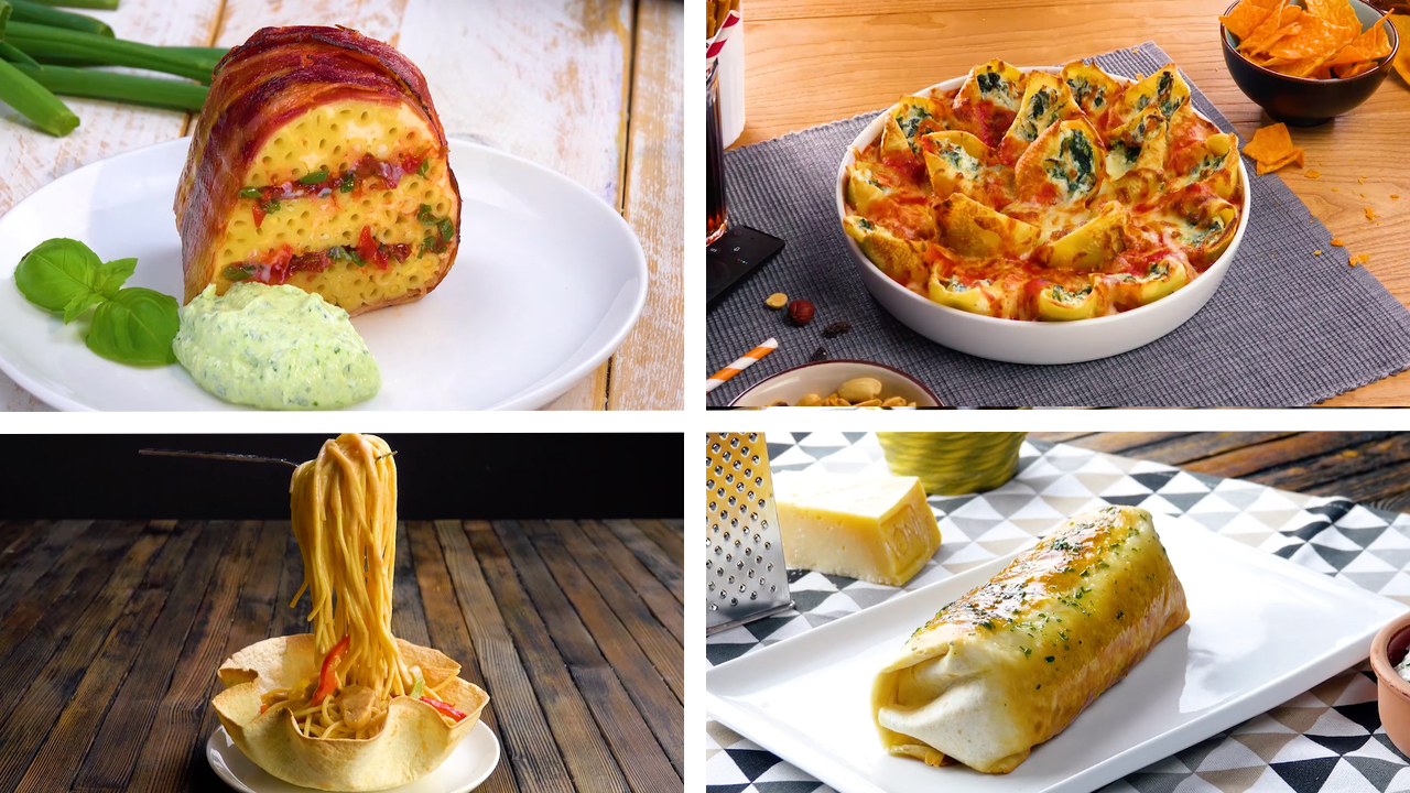 4 verschiedene Pasta-Gerichte auf einem Foto